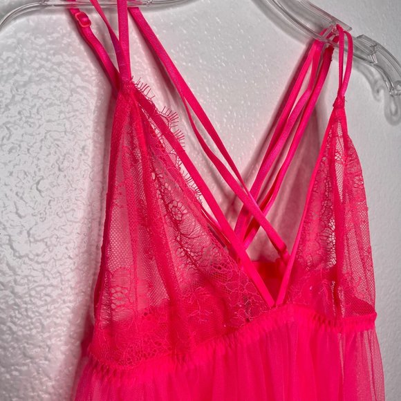 Victoria's Secret Women's Lingerie Size L Neon Pink Sleeveless Lace Baby Doll - Picture 3 of 11
